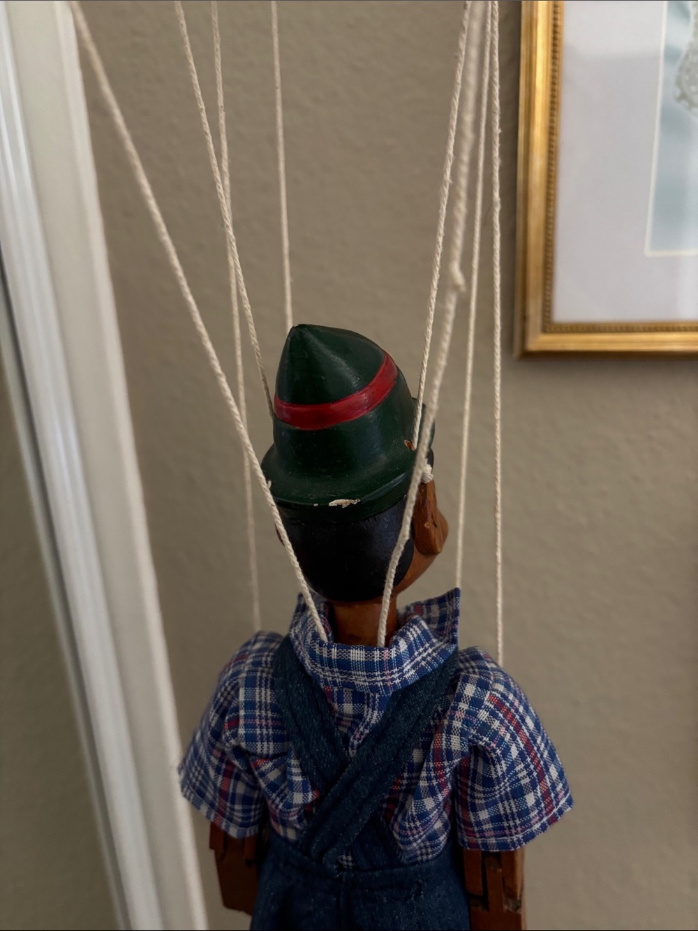 Wooden Pinocchio-Style Marionette Puppet in Green Hat - Picture 8 of 9